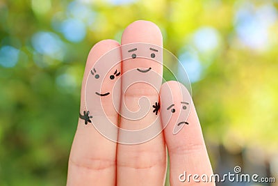 Fingers art of happy couple. Child is angry Stock Photo