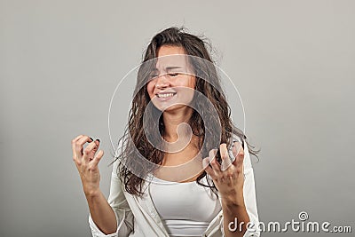 Fingers claw gesture, looks angry hand, shouting, squeez hands in fists Stock Photo