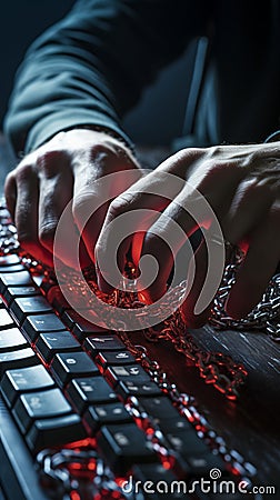 Fingers confined by cuffs engage keyboard, delving into the world of cybercrime Stock Photo