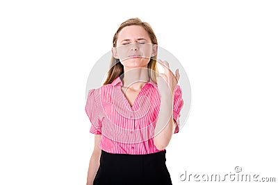 Fingers crossed, wishful thinking, female in pink Stock Photo