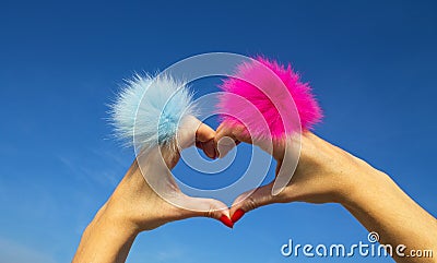 Fingers heart with blue and pink rings with fur on blue sky background Stock Photo