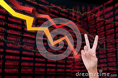 fingers number two sign on blur Trade a Downtrend arrow symbols crypto currency Stock Photo