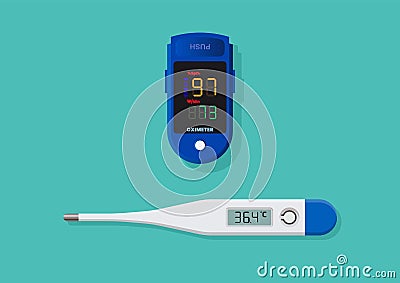 Fingertip oximeter and Digital medical thermometer Vector Illustration