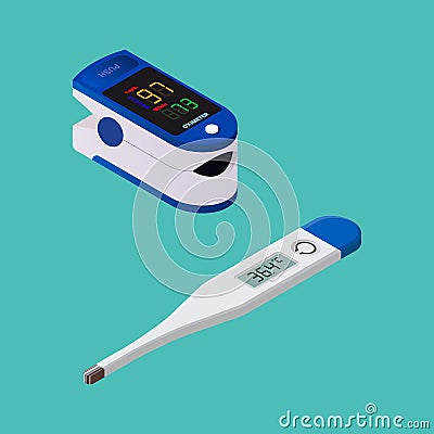 Fingertip oximeter and Digital thermometer isometric Vector Illustration