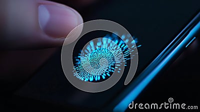 A fingertip scans a fingerprint sensor unlocking a smartphone This represents secure authentication advanced technology Stock Photo