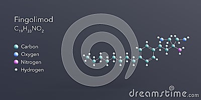 fingolimod molecule 3d rendering, flat molecular structure with chemical formula and atoms color coding Stock Photo