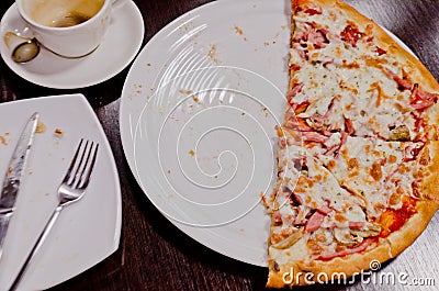 Finished lunch, food pizza coffee drunk Stock Photo
