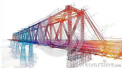 The finite element method was used to calculate the stress fields in a truss bridge, tension in blue, compression in red Stock Photo