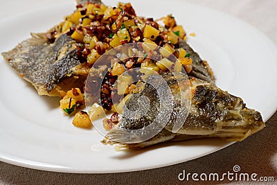 Finkenwerder Scholle Plaice with diced Bacon and Patato Stock Photo