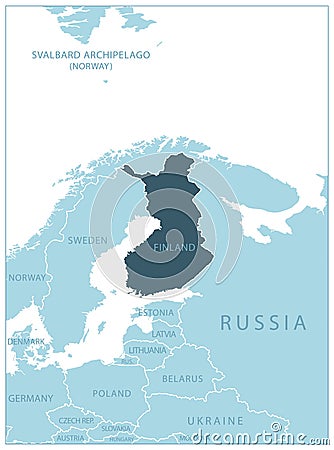 Finland - blue map with neighboring countries and names Cartoon Illustration