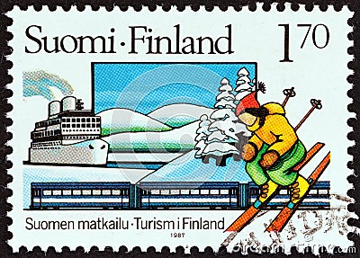 FINLAND - CIRCA 1987: A stamp printed in Finland shows Borea liner, Diesel Train, Snow Scene and Skier, circa 1987. Editorial Stock Photo