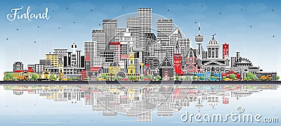 Finland city skyline with gray buildings, blue sky and reflections. Historic and modern architecture. Finland cityscape with Cartoon Illustration