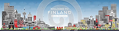 Finland city skyline with gray buildings and blue sky. Concept with historic and modern architecture. Finland cityscape with Cartoon Illustration