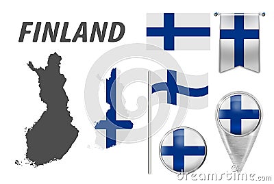 FINLAND. Collection of symbols in colors national flag on various objects isolated on white background. Flag, pointer, button, Stock Photo