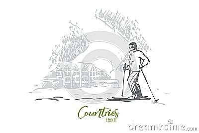 Finland, country, travel, mountains, skiing concept. Hand drawn isolated vector. Vector Illustration