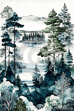 Finland, finnish nature painted watercolor in national colors. Generative AI Cartoon Illustration