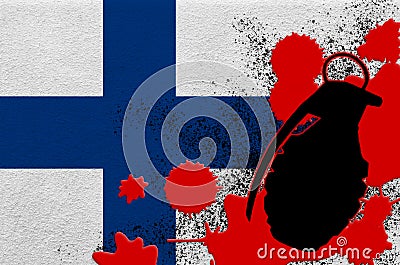 Finland flag and MK2 frag grenade in red blood. Concept for terror attack or military operations with lethal outcome Stock Photo