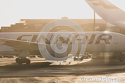 Finland Helsinki 2 MAR 2020 Finnair logo on airplane fuselage Editorial Stock Photo