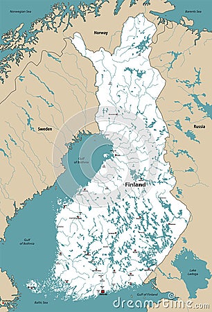 Finland lakes and rivers vector map with regions' capitals Vector Illustration