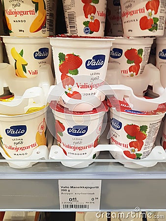 Valio yoghurts on supermarket shelves Editorial Stock Photo