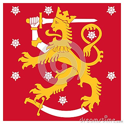 Finland Naval Jack flag, heraldic lion with sword walking on sabre, roses in background. Vector Illustration