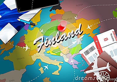 Finland travel concept map background with planes, tickets. Visit Finland travel and tourism destination concept. Finland flag on Stock Photo