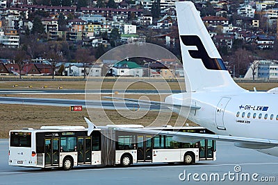 Finnair jet taxiing at Innsbruck Airport INN, close-up view of tail Editorial Stock Photo