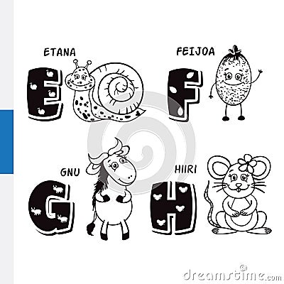 Finnish alphabet. Snail, feijoa, wildebeest, mouse. Vector letters and characters. Vector Illustration