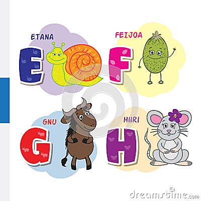 Finnish alphabet. Snail, feijoa, wildebeest, mouse. Vector letters and characters. Vector Illustration