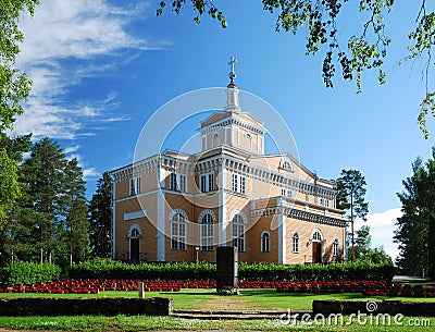 Finnish church and monument of Talvisota. Stock Photo