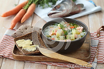 Finnish creamy salmon soup Lohikeitto Stock Photo