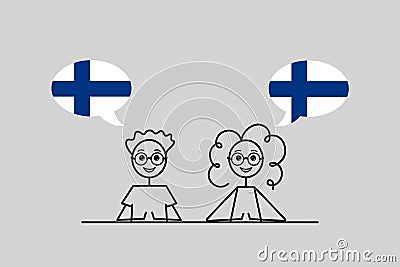 finnish speakers, cartoon boy and girl with speech bubbles in Finland flag colors, learning francais language vector Vector Illustration