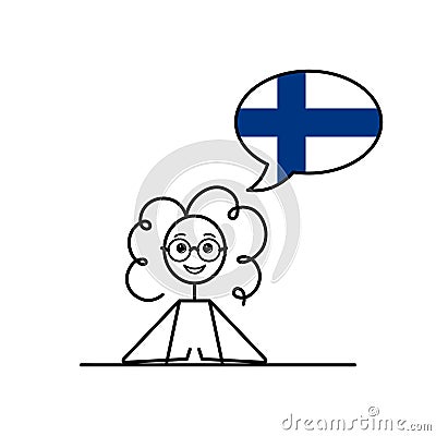 finnish speaking cartoon girl with speech bubble in flag of Finland colors, female character learning finnish language Vector Illustration