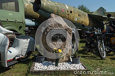 Monument at the former Soviet military airfield to the officers Captain Boris Kapustin and Lieutenant Yuri Yanov Editorial Stock Photo