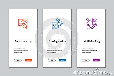 Fintech industry, Banking services, Mobile banking onboarding screens Vector Illustration