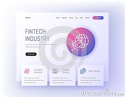 Fintech industry, Electronic commerce, Banking services, Mobile banking Landing page template. Vector Illustration