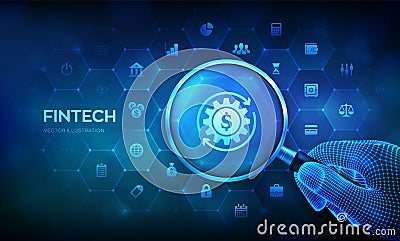 Fintech. Magnifying glass and financial technology infographic. Fintech concept with magnifier in wireframe hand and icons. Cartoon Illustration