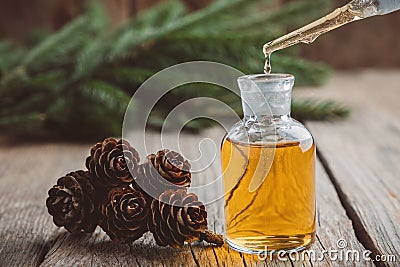 Fir aromatic oil in a glass dropper bottle, a drop of pine essential oil dripping from glass dropper. Stock Photo