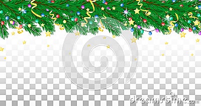 Fir branch, garland, streamers and stars. Holiday border, transparent background Vector Illustration