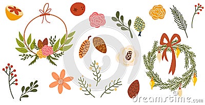 Fir branches, wreaths, leaf, Christmas decoration. Tree twigs, leaves, berries, flowers, natural decor. Xmas floral design Vector Illustration