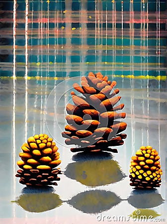 fir cone background knolling drawing neon colors. Stock Photo