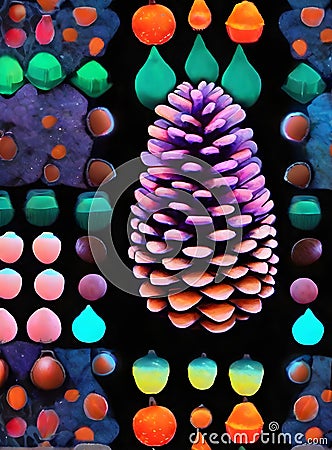 fir cone background knolling drawing neon colors. Stock Photo