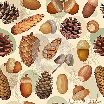 Fir cones pattern. Forest acorns collections recent vector seamless background in cartoon style Vector Illustration