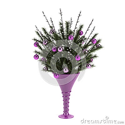 Fir needles in vase with Christmas decorations Stock Photo