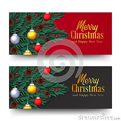 Fir spruce leaves garland decoration with bauble ball. We wish merry christmas and happy new year Stock Photo