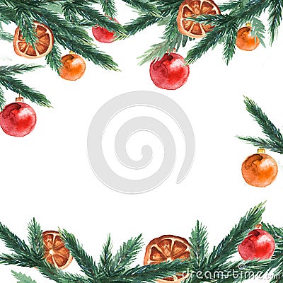 Fir tree branches border with christmas balls. Christmas and New year card, empty blank. Watercolor. Stock Photo