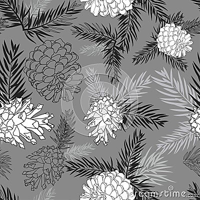 Fir tree branches with pine cone seamless background on gray Cartoon Illustration