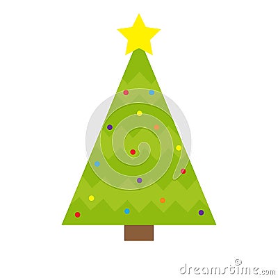 Fir-tree icon. Yellow star tip top. Round ball light toy set. Green triangle simple shape form. Christmas tree. White background. Vector Illustration