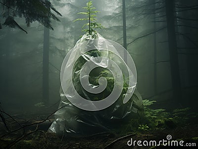 Fir tree smothered by a plastic bag in the middle of a forest Stock Photo