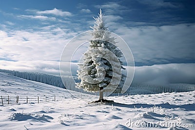 Fir tree stands proudly in the peaceful winter snowscape Stock Photo